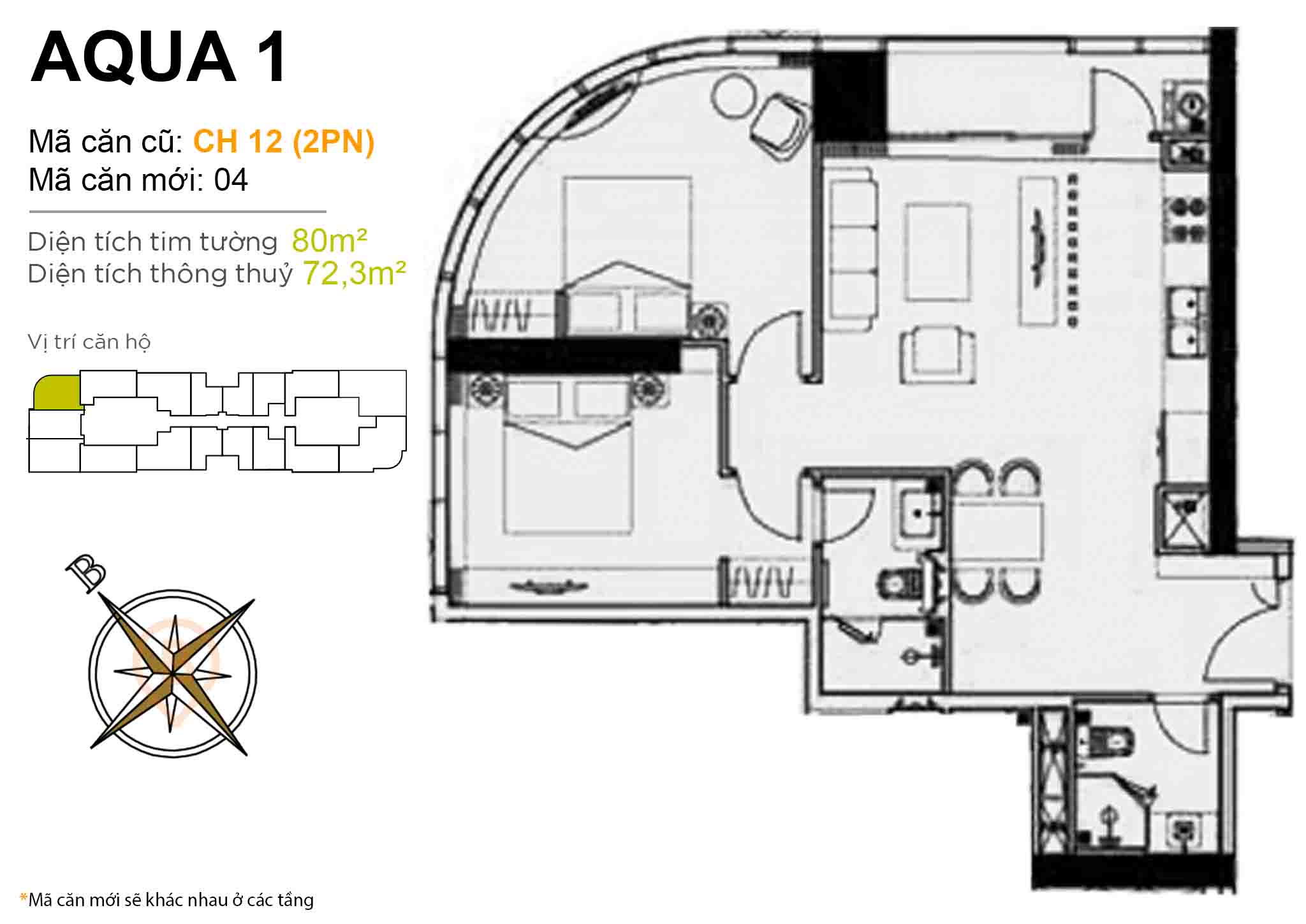 Layout CH 12 (2PN) | Tòa Aqua 1 - Vinhomes Golden River