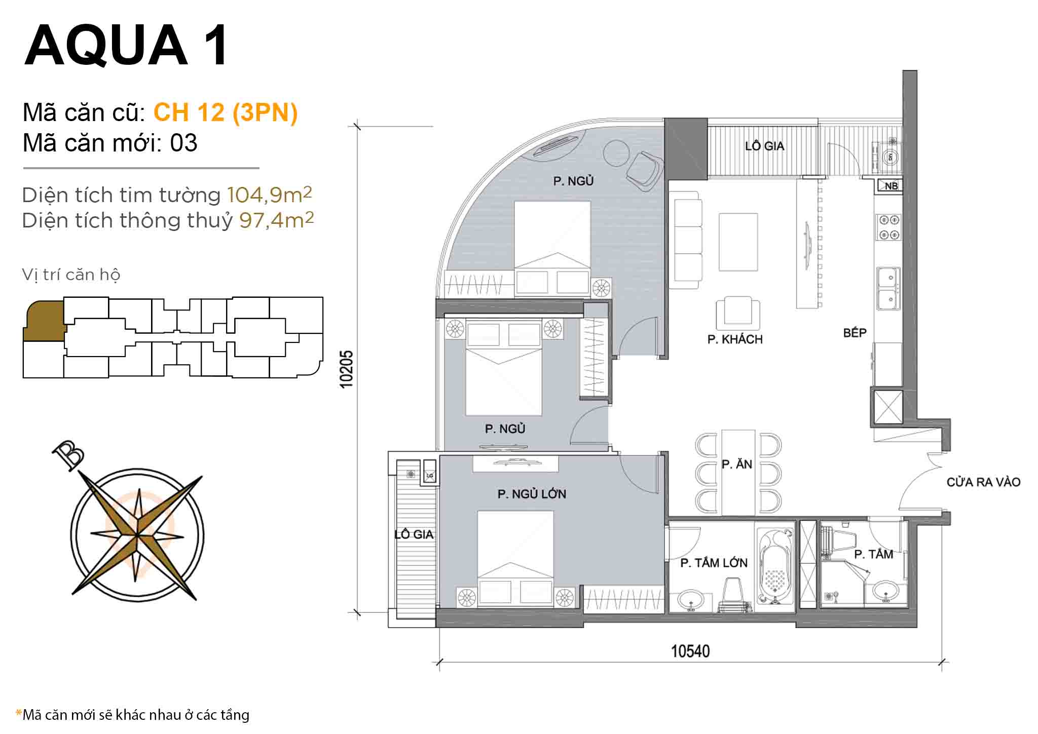 Layout CH 12 (3PN) | Tòa Aqua 1 - Vinhomes Golden River