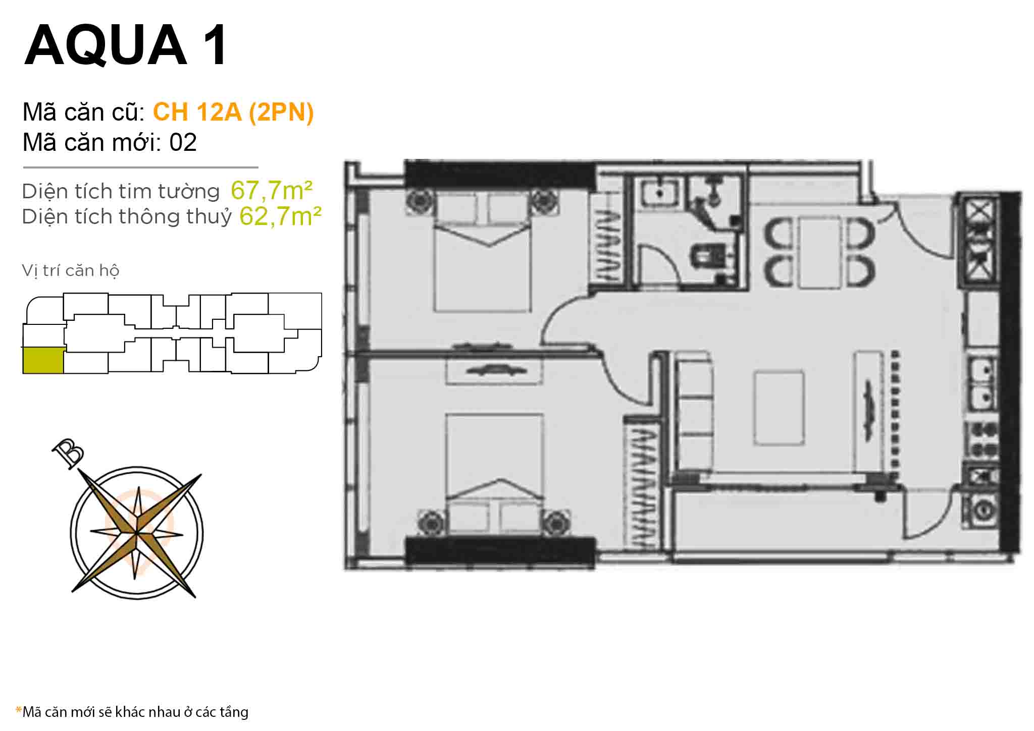 Layout CH 12A (2PN) | Tòa Aqua 1 - Vinhomes Golden River