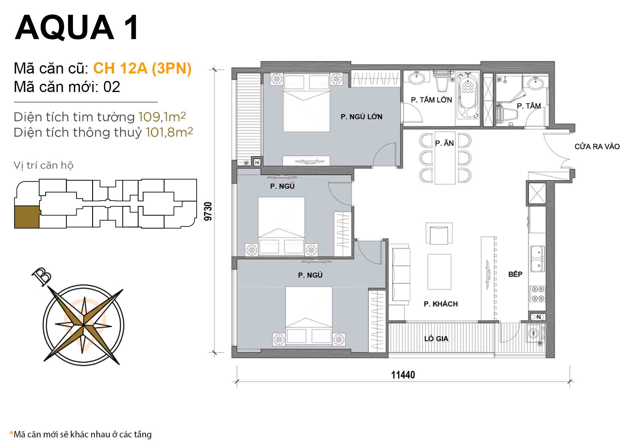 Layout CH 12A (3PN) | Tòa Aqua 1 - Vinhomes Golden River