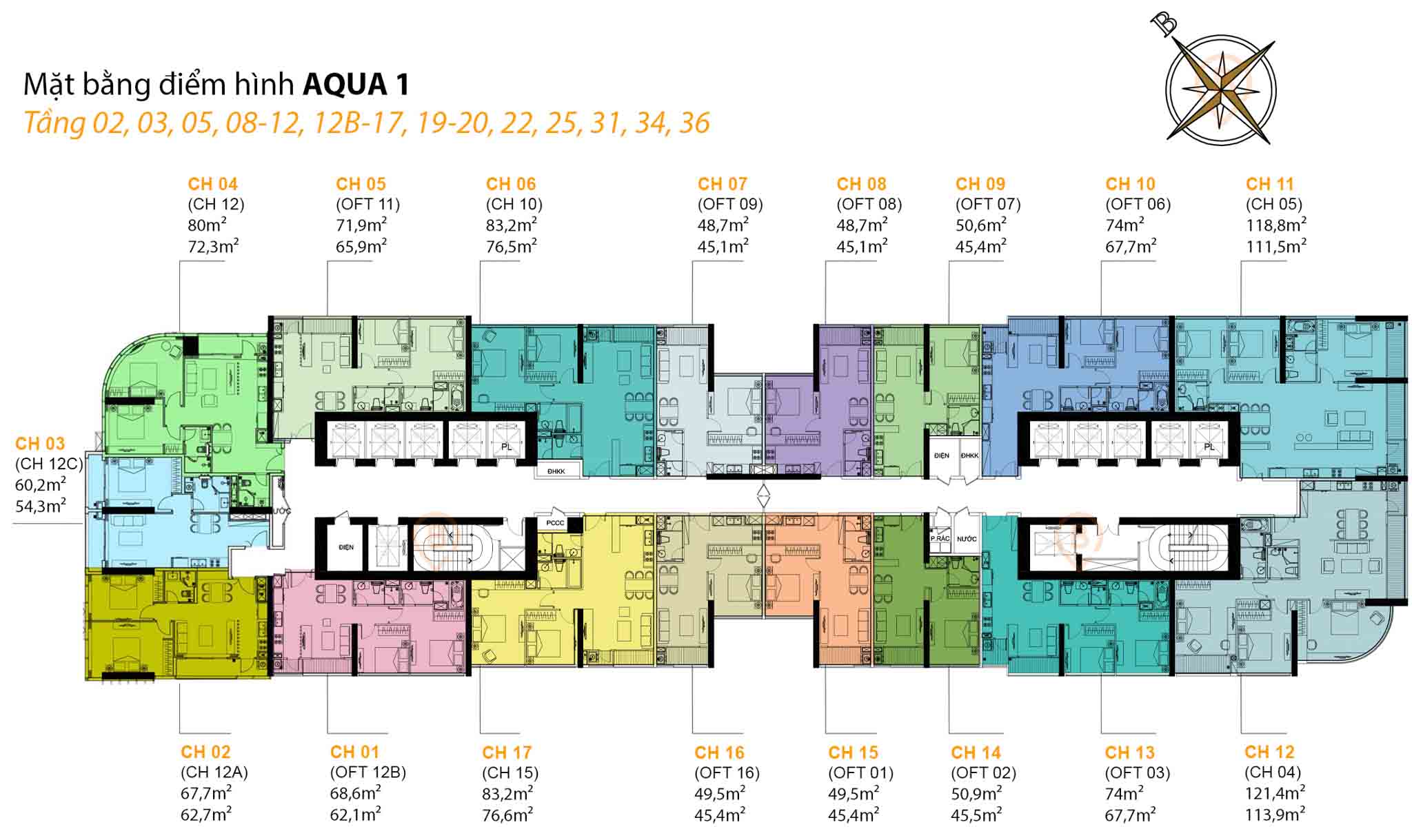 Mặt bằng Aqua 1 tầng 02, 03, 05, 08-12, 12B-17, 19-20, 22, 25, 31, 34, 36 tại Vinhomes Golden River Bason, gồm 17 căn hộ/tầng với diện tích từ 45,1m² – 121,4m².