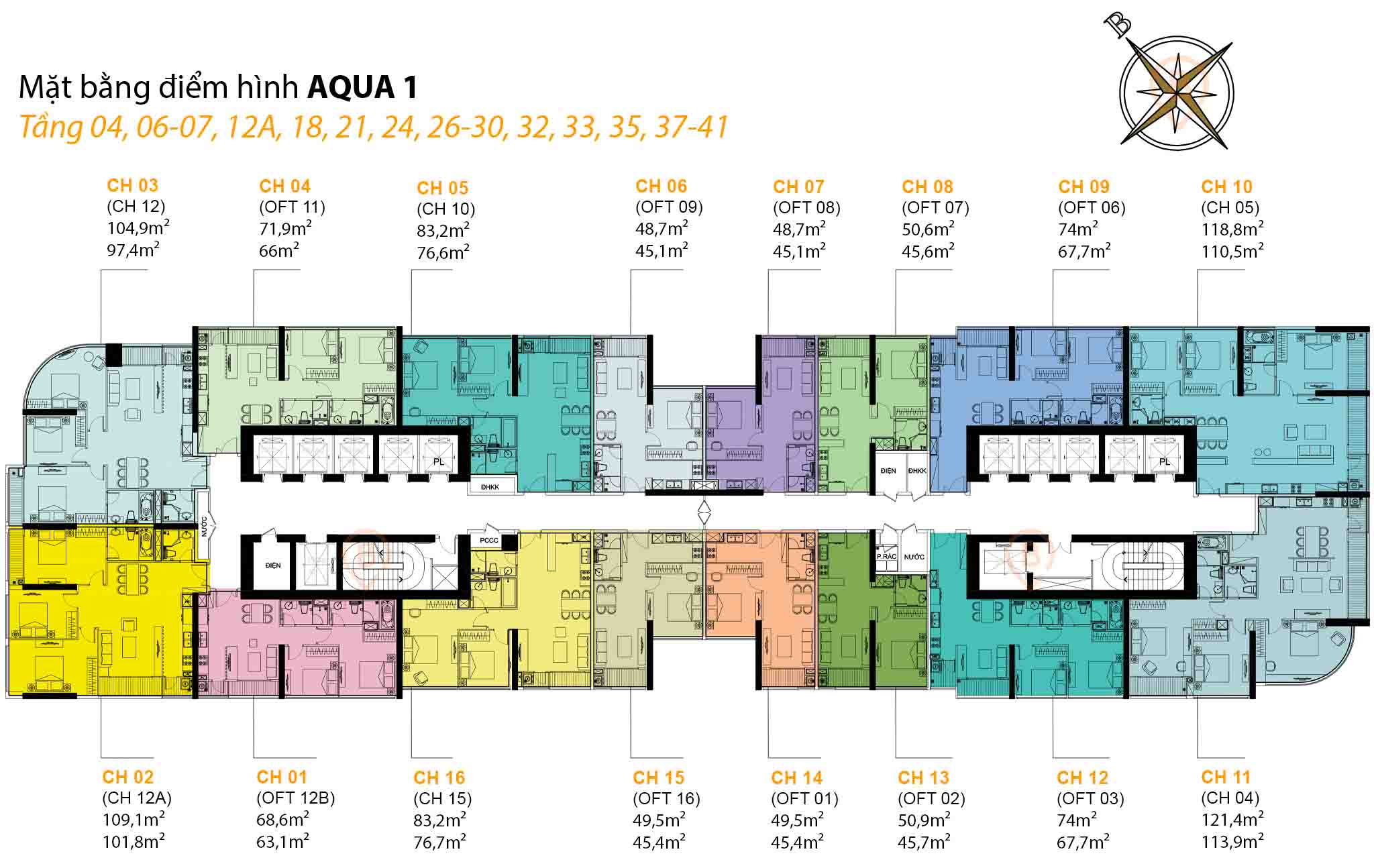 Mặt bằng Aqua 1 tầng 04, 06-07, 12A, 18, 21, 24, 26-30, 32, 33, 35, 37-41 tại Vinhomes Golden River Bason, gồm 16 căn hộ/tầng với diện tích từ 45,1m² – 121,4m²