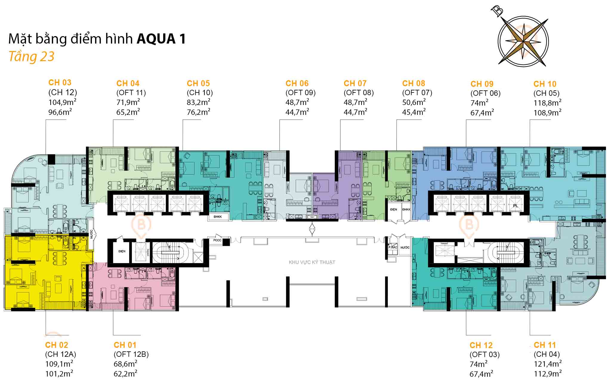 Mặt bằng Aqua 1 tầng 23 tại Vinhomes Golden River Bason, gồm 12 căn hộ/tầng với diện tích từ 44,7m² – 121,4m².