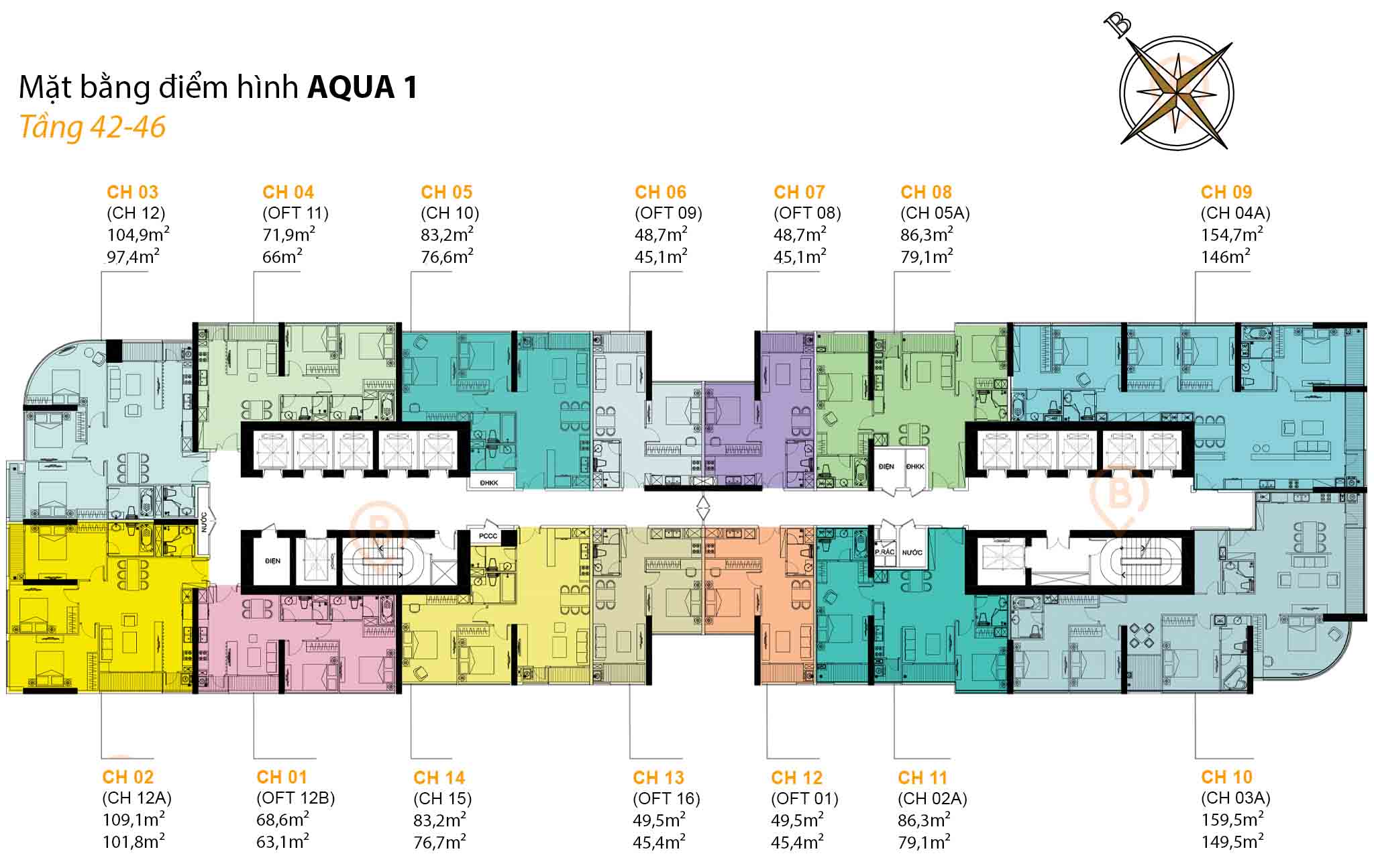 Mặt bằng Aqua 1 tầng 42-46 tại Vinhomes Golden River Bason, gồm 14 căn hộ/tầng với diện tích từ 45,1m² – 159,5m².