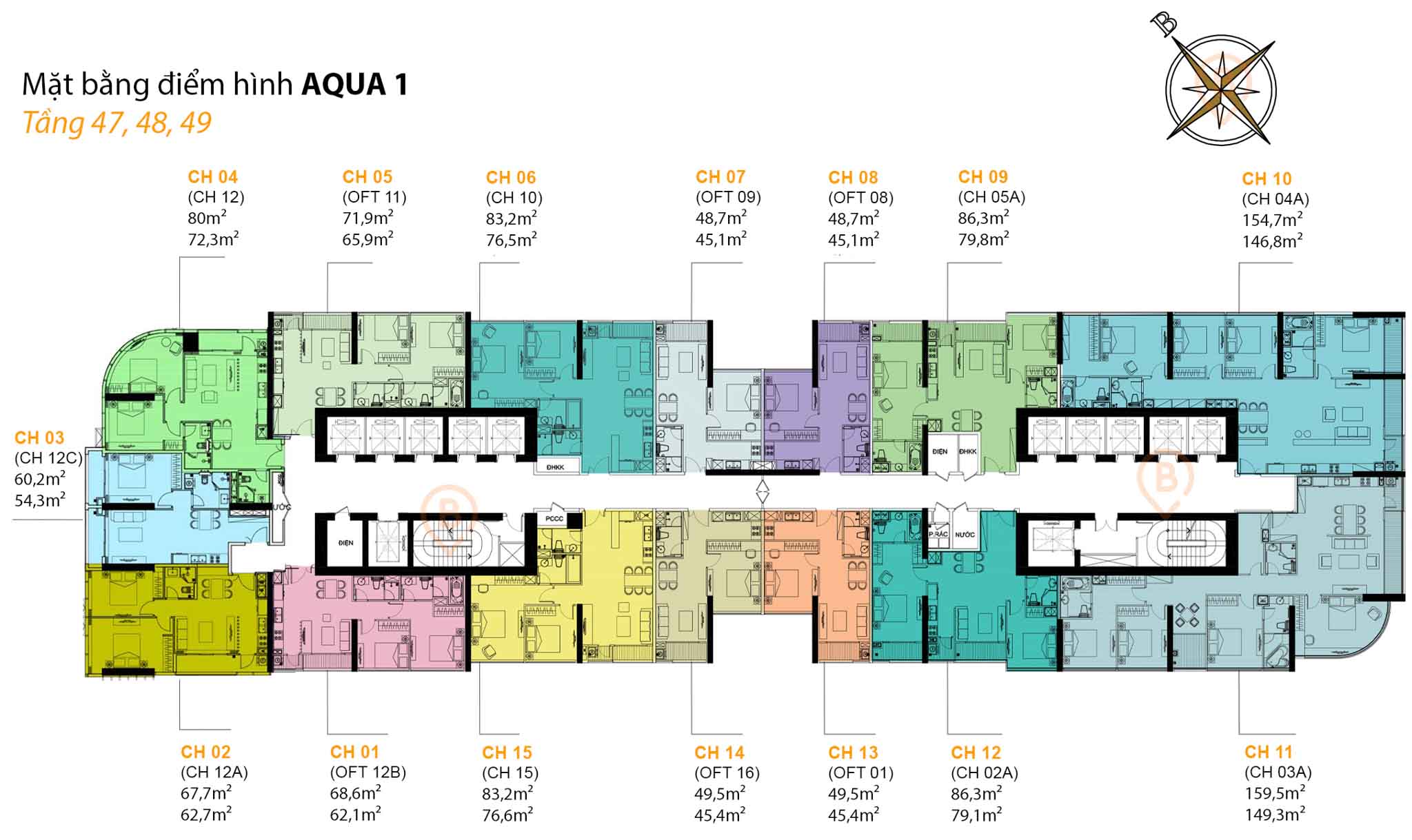 Mặt bằng Aqua 1 tầng 47-49 tại Vinhomes Golden River Bason, gồm 15 căn hộ/tầng với diện tích từ 45,1m² – 159,5m².