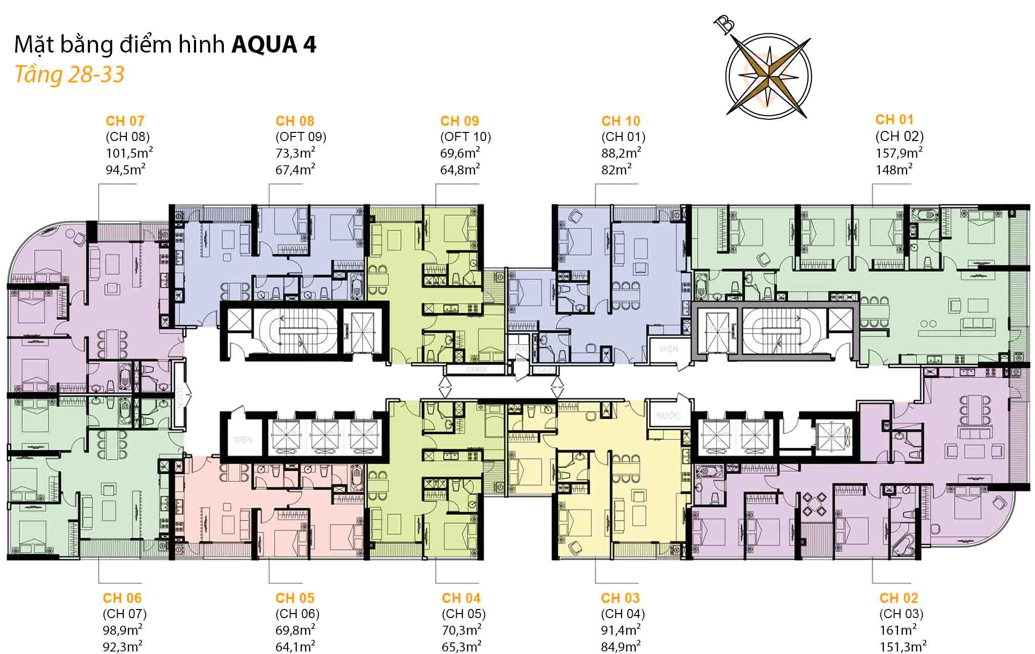 Mặt bằng Aqua 4 tầng 28-33 tại Vinhomes Golden River Bason. Thiết kế 10 căn hộ/tầng với diện tích đa dạng từ 64,1m² – 161m², gồm căn hộ 1PN, 2PN, 3PN, 4PN và Penthouse cao cấp.